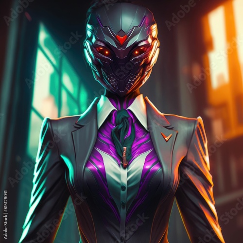 Sinister corporate overlord in a masked villain persona wearing a suit ,not a real person ,made with Generative AI