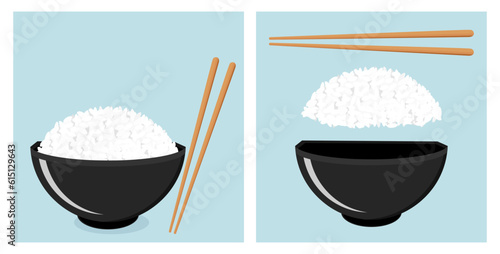 Rice bowl and chopsticks on blue background vector illustration.