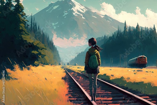 Adventurer girl walking down a train track, japanese landscape ,made with Generative AI