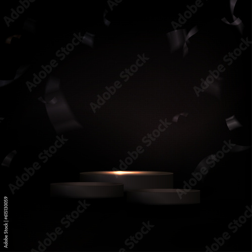 Shiny bright podium with tinsel on a black background