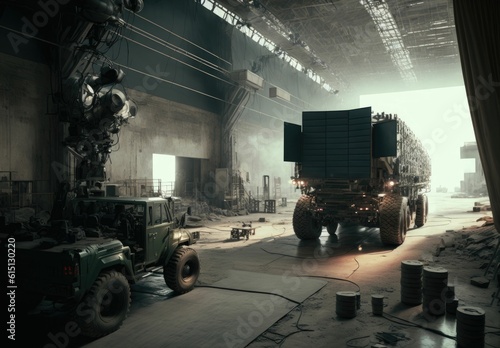 Old military hangar, abandoned warehouse storage with vehicles ,made with Generative AI