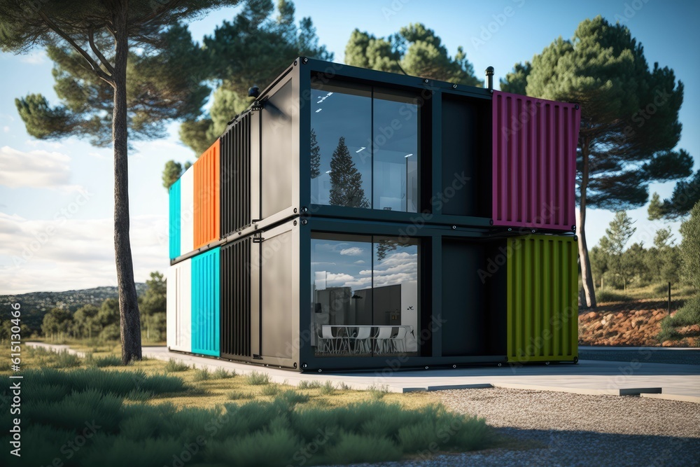Obraz premium Tiny ecologic house, shipping container futuristic home ,made with Generative AI