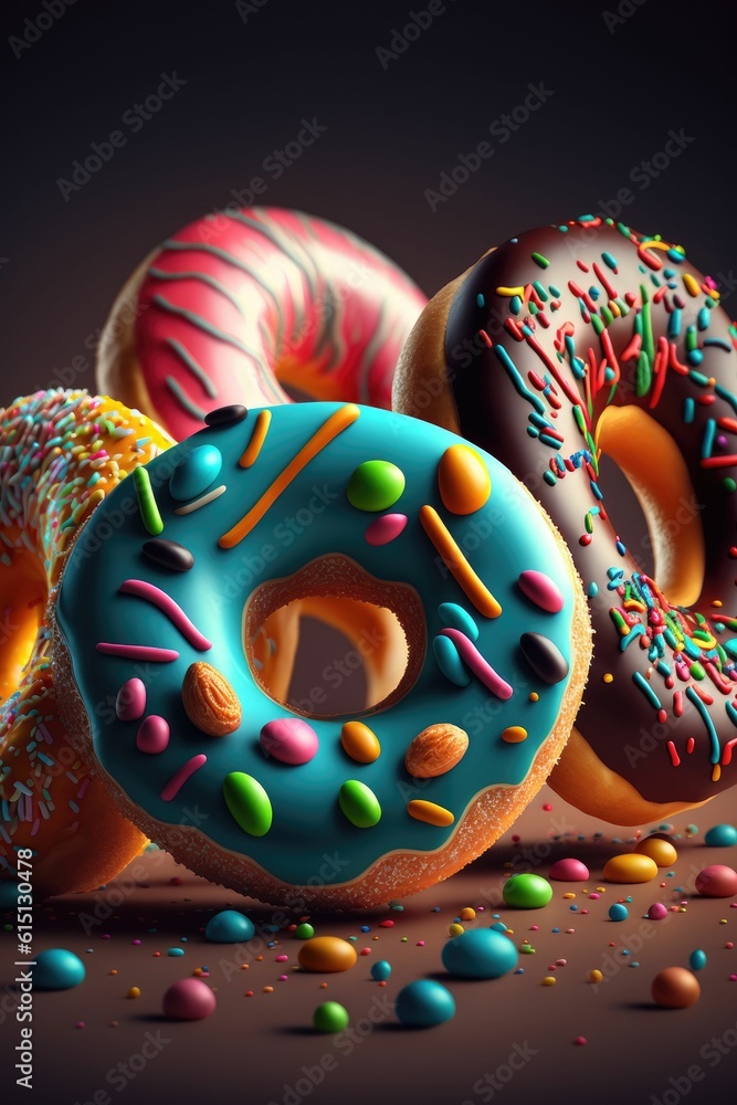 Vibrant burst of flavor: colorful donuts exploding with delectable sweetness ,made with Generative AI