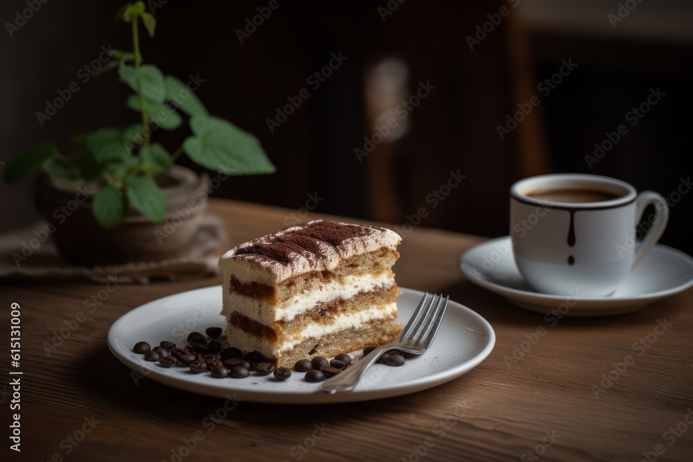 A slice of tiramisu cake on a plate with a coffee on a wooden table. Generative AI A slice of tiramisu cake on a plate with a coffee on a wooden table. Generative AI