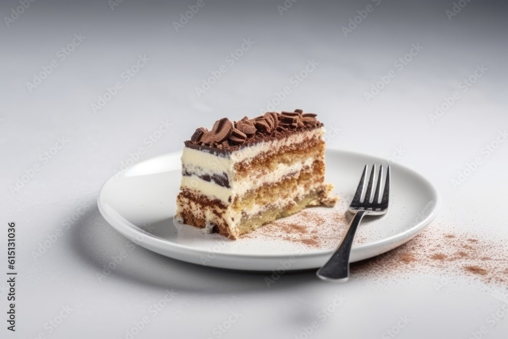 A piece of tiramisu cake on a plate isolated on white background. Generative AI A piece of tiramisu cake on a plate isolated on white background. Generative AI