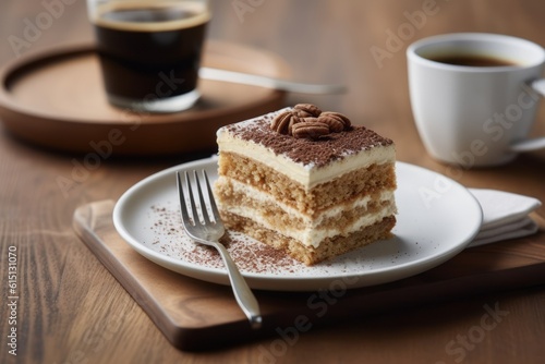 A slice of tiramisu cake on a plate with a coffee on a wooden table. Generative AI