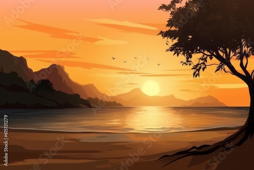 Sunset beach scene with trees and mountains background. Generative AI © KaterynaVS