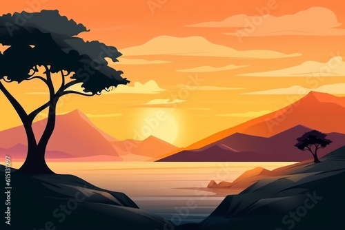Sunset beach scene with trees and mountains background. Generative AI