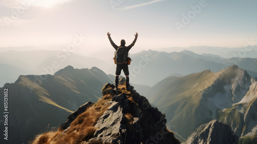 climber celebrating success on top of mountain  generative ai