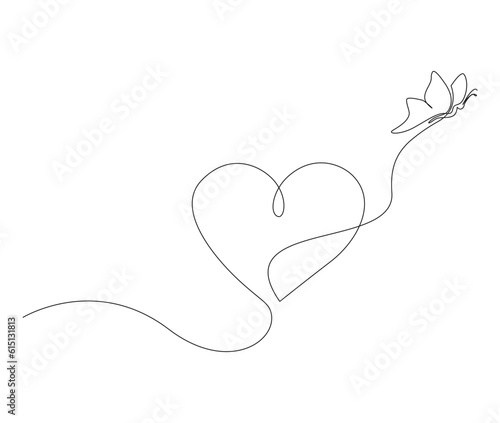 Continuous one line drawing of Butterfly. Simple flying butterfly shaped love line art vector illustration with editable Stroke.