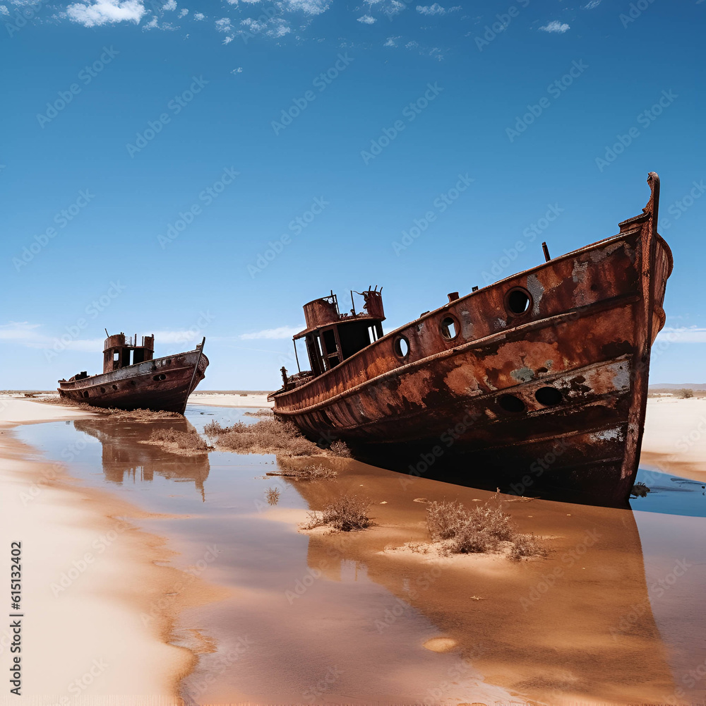 Old rusty shipwreck in shallow water, blue sky 