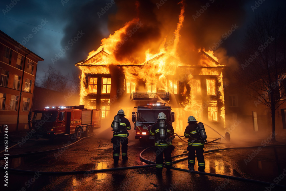Firefighters extinguish the building. Generative ai image