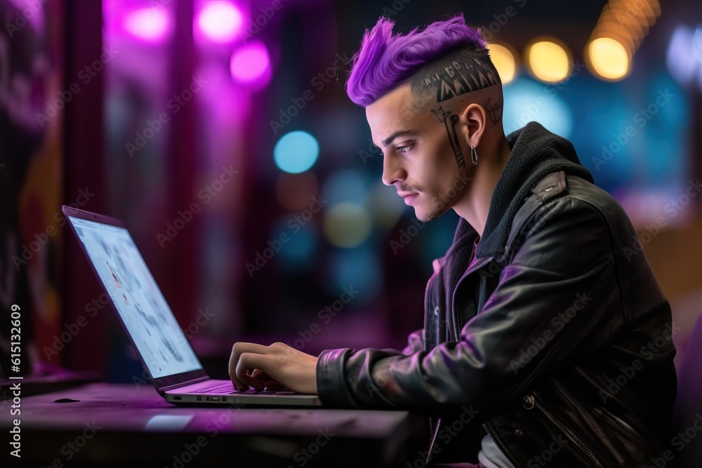 Man is using laptop. Hacking and malware concept. Generative ai image Man is using laptop. Hacking and malware concept. Generative ai image