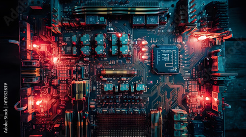 a computer circuit board with red and blue lights ,generative ai