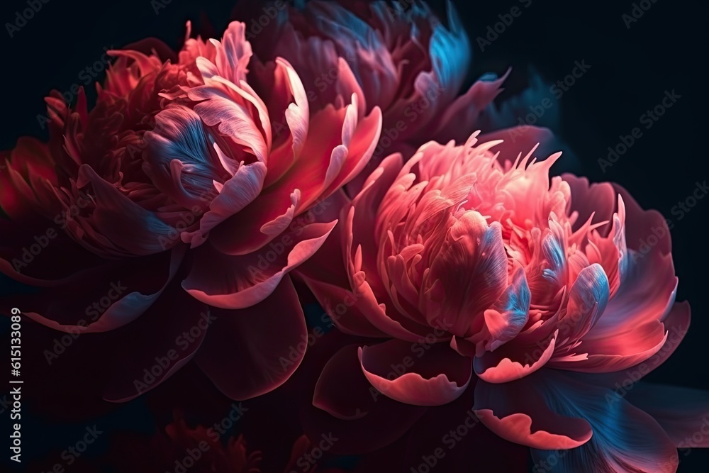 Floral background with magic purple peonies flowers in neon lights. Close up. Generative AI.