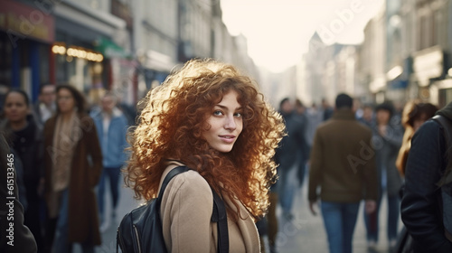 young adult woman strolling through town and shopping, side street shopping street, fictional place