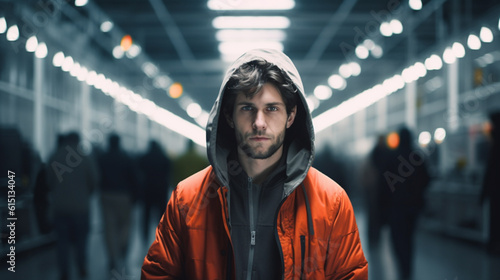 a man with a hooded raincoat, orange grey, 30s, in a modern hall or tunnel or passageway, entrance to a city or underground or subway or airport or train station, fictional