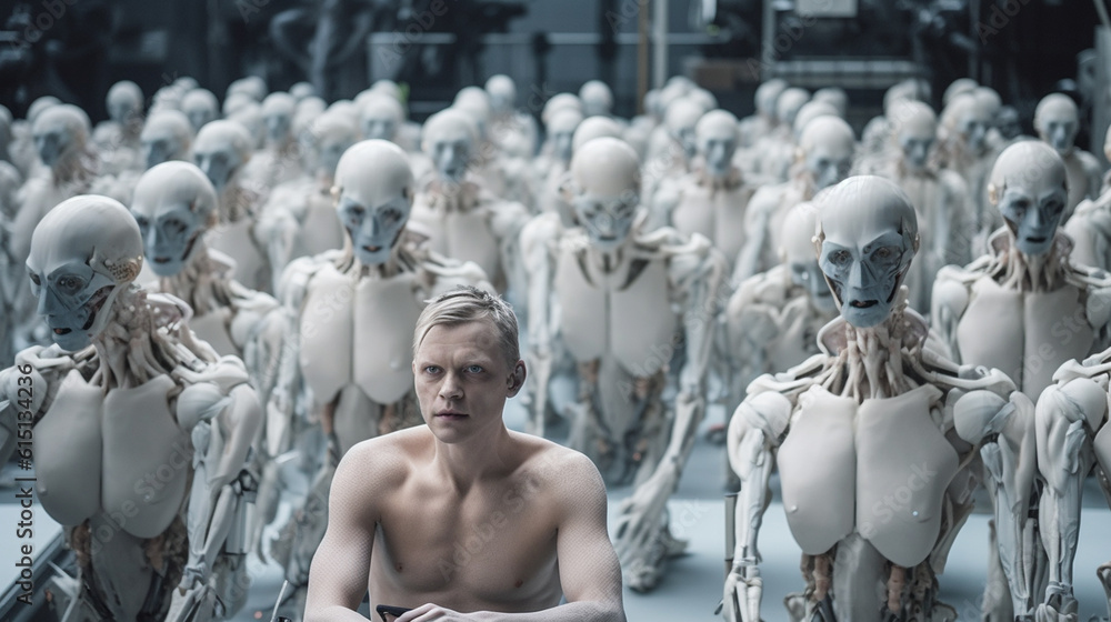 robots sit and wait, human-like but uncanny shape and appearance, imitating the exterior of a human, fictitious dramatic or horror robots sit and wait, human-like but uncanny shape and appearance, imitating the exterior of a human, fictitious dramatic or horror