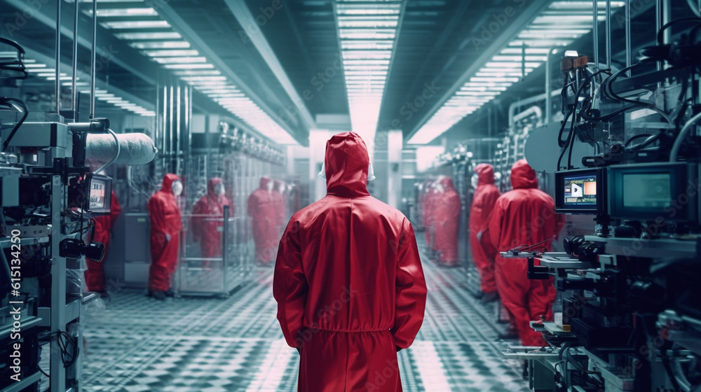 test laboratory or secret laboratory, fictional, men in red protective clothing in a windowless room or in the underground, stand in line and wait for something, mysterious or scary,