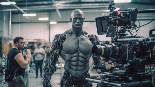 a scary humanoid android robot, war machine, technology and artificial intelligence, warrior and conqueror, in tv studio with director and video camera