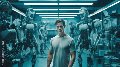 young adult man with machines and robots, in a small workshop or research facility, research and development, artificial intelligence