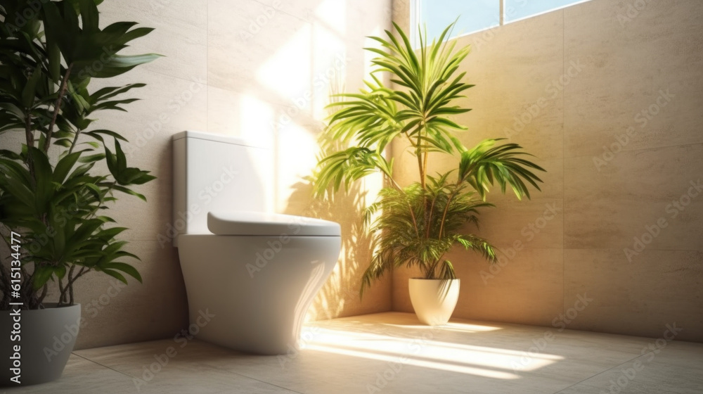 The white toilet in a restroom with a plant