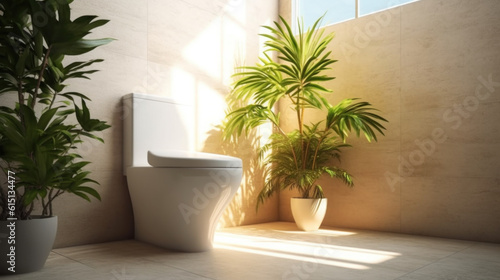 The white toilet in a restroom with a plant