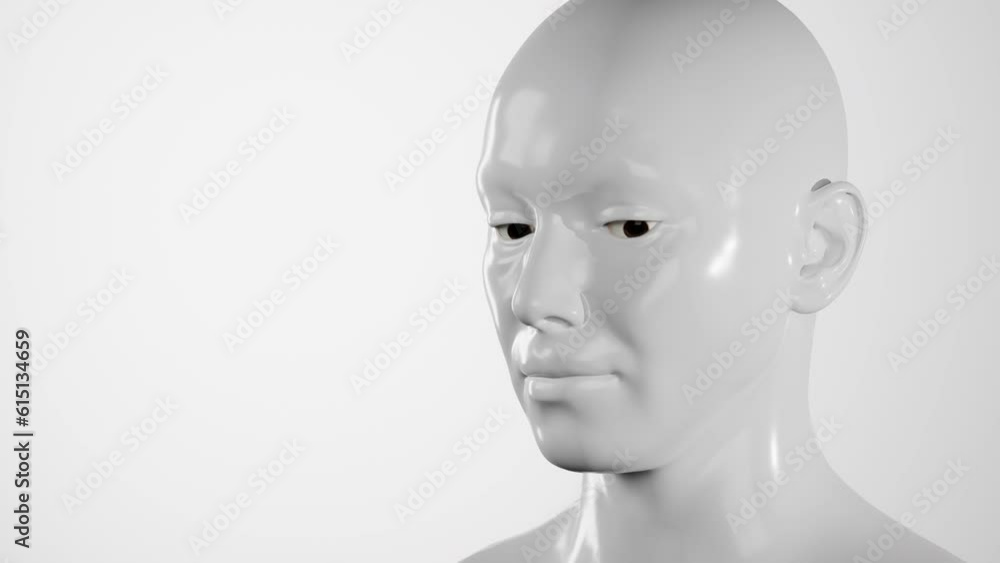 male hyper-realistic robot or cyborg in studio with white light. Artificial intelligence or neural network in image cybernetic man. Digital technology concept. 3d render male hyper-realistic robot or cyborg in studio with white light. Artificial intelligence or neural network in image cybernetic man. Digital technology concept. 3d render