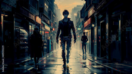 A young man walks along a dark street in a big city.