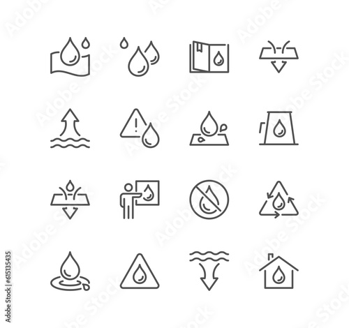 Set of waterproof related icons, climate, splashproof, drop warning, allowed to wash under water, moisture resistant textile and linear variety vectors.