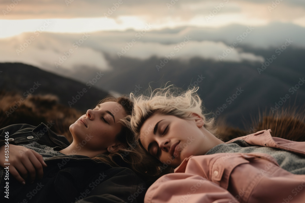 Close-up of two beautiful young women relaxing in the meadow, Generative AI Illustration