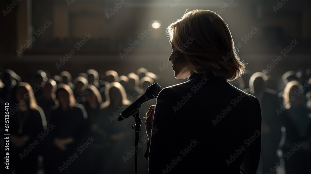 Fototapeta premium Rear view of female conference speaker, Generative AI illustration