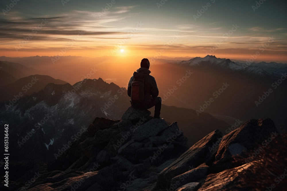 Sunset landscape with hiker looking at the sun from mountain top, Generative AI illustration