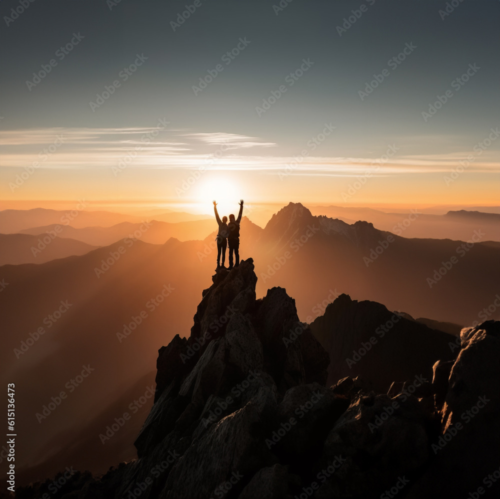 Silhouette of two happy people standing on mountain top at sunset, Generative AI illustration
