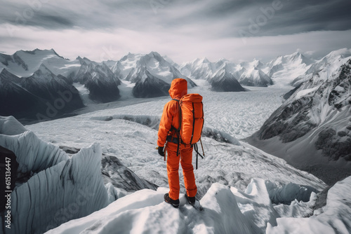 Mountain Climber looking at the vast icy mountain landscape, Generative AI illustration photo