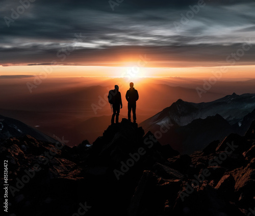 Silhouette of two pleople standing on mountain top at sunset, Generative AI illustration
