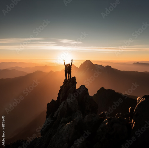 Silhouette of two happy people standing on mountain top at sunset, Generative AI illustration © IBEX.Media