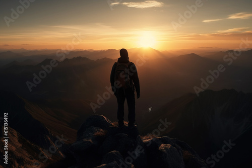Sunset landscape with hiker looking at the sun from mountain top, Generative AI illustration © IBEX.Media