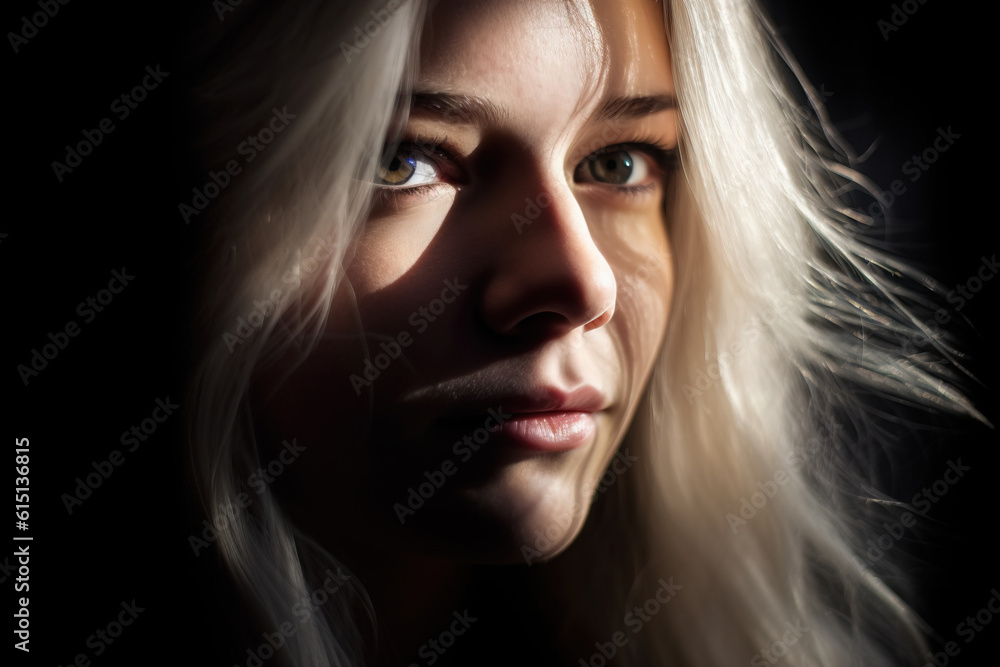 Portrait of blond woman with sun light shining in her eye, Generative AI illustration Portrait of blond woman with sun light shining in her eye, Generative AI illustration