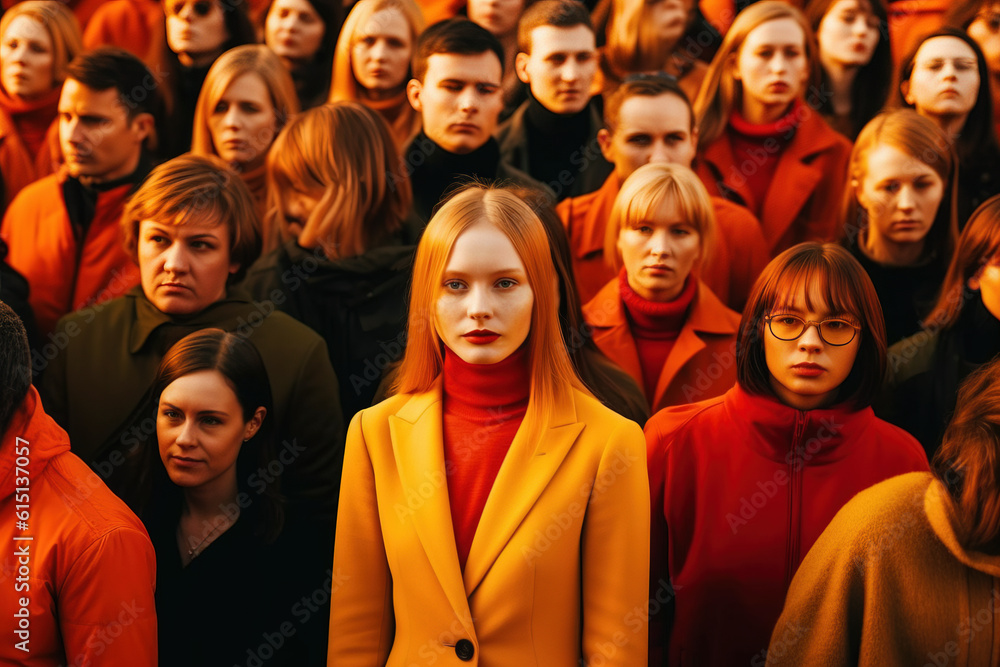 Large group of people in orange tint. Generative Ai illustration Large group of people in orange tint. Generative Ai illustration