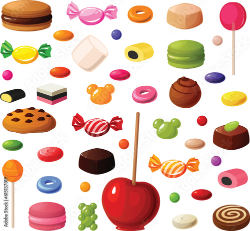 Cute vector illustration of various kinds of mixed candy, gummy, licorice, chocolate and cookies.