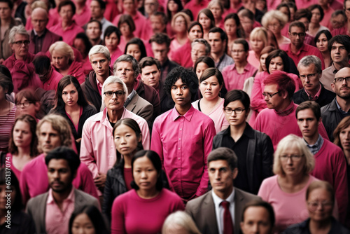 Large group of people in pink clothes. Generative Ai illustration