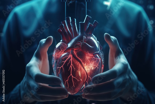 Fényképezés Glowing human heart in hands, Generative AI illustration