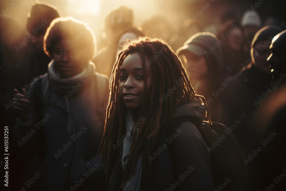 Portrait of young afro woman standing in crowded street early in the morning, Generative AI illustration