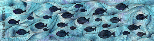 Ilustración de fondo de mar con peces. Acuarela y líneas. Mundo submarino