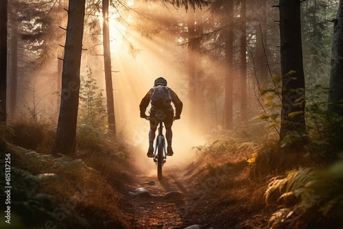 Back view of man cycling thro the forest in the morning, Generative AI illustration