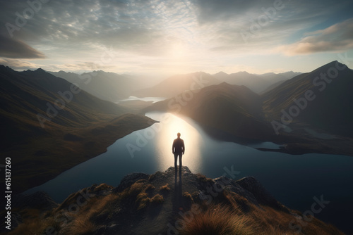 Man standing on mountain top in the morning overlooking lake between mountains, Generative AI illustration