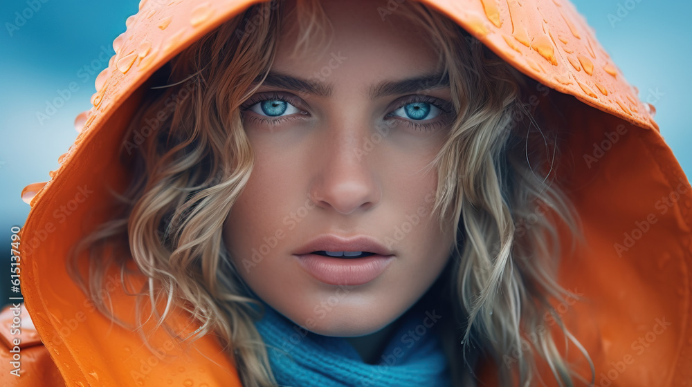 Outdoor portrait of beautiful woman wearing orange rain jacket at twilight, Generative AI illustration - obrazy, fototapety, plakaty 