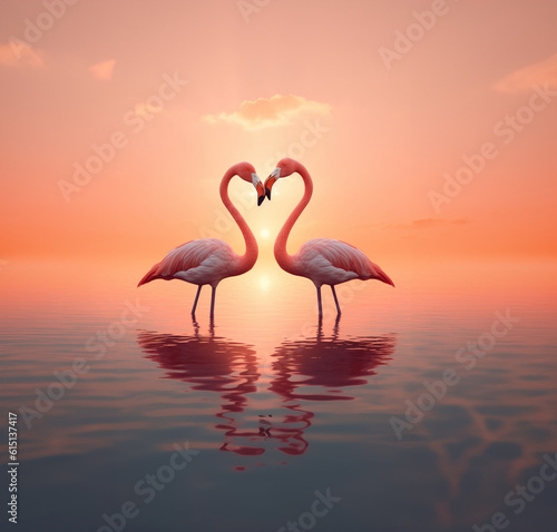 Two pink flamingos forming heart shape with their necks  Generative AI illustration