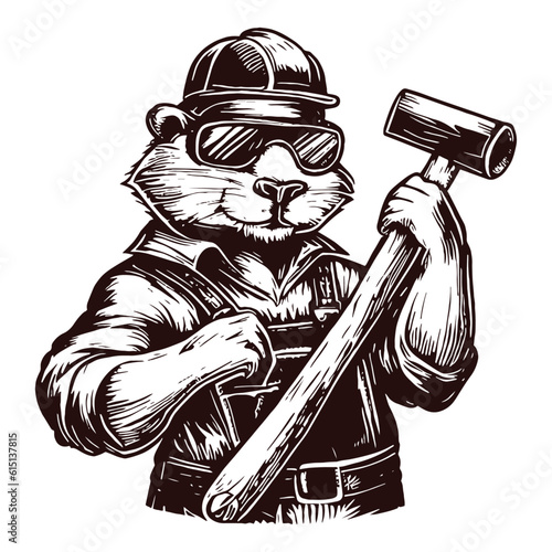 cool beaver handyman with a hammer sketch